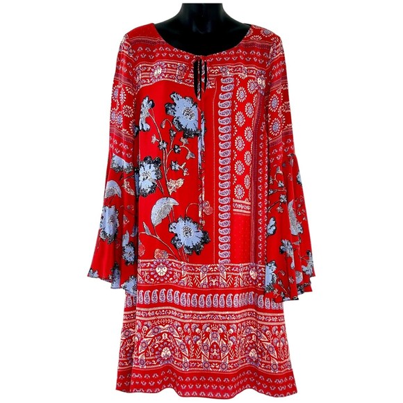 ANTHRO Vanessa Virginia Isabelle Red Silk Floral Bell Sleeves Size 12 - Picture 2 of 9